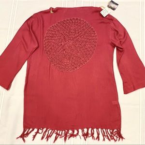 Indah Crochet Cover-up Long-Sleeve Tunic Shirt in Magenta Mauve - Size M - NWT